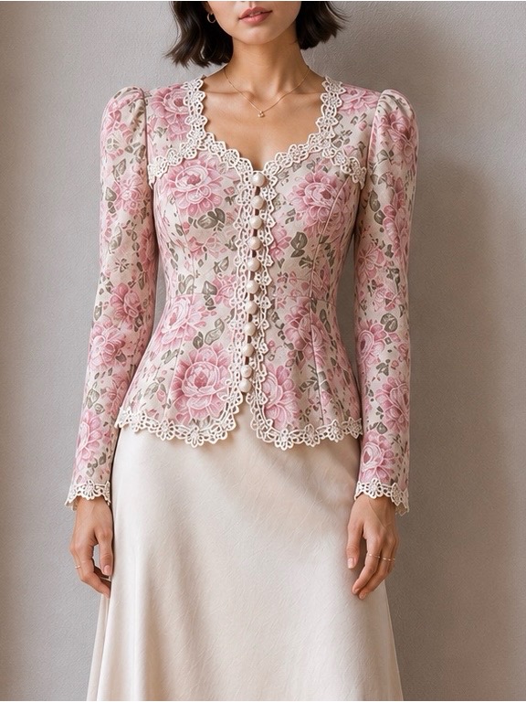 Vtg 80s Pink Floral Jacquard Lace Pearl Button Blouse Romantic Cottagecore